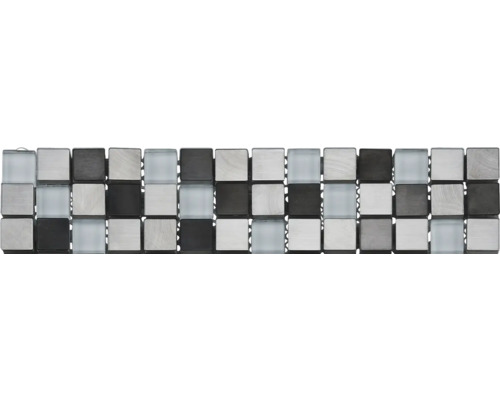 Glasbordüre mit Metall 5,9 x 30,5 cm silber schwarz Mosaikmatte mit quadratischen Glas- und Natursteinfliesen