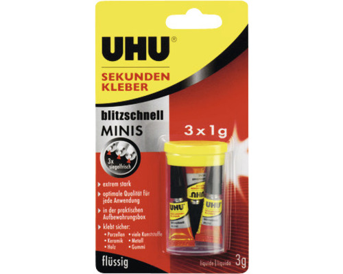 UHU Sekundenkleber blitzschnell Minis 3 x 1 g Uhu Sekundenkleber Minis, 3 mal 1 Gramm