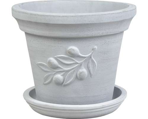 Blumentopf mit Olivenzweig-Motiv und Untersetzer