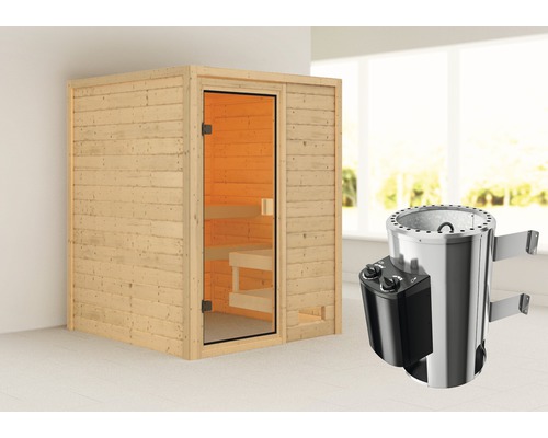 Plug & Play Sauna Karibu Sandra inkl.3,6 kW Ofen u.integr.Steuerung ohne Dachkranz mit bronzierter Ganzglastüre