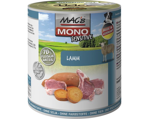 Hundefutter nass MAC´s DOG Sensitive Lamm 100 % und Hirse 800 g