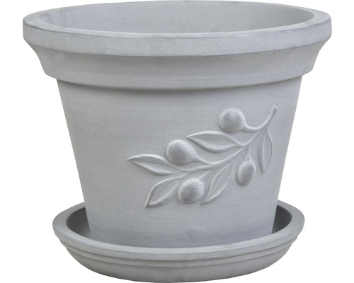 Blumentopf mit Olivenzweig-Motiv und Untersetzer