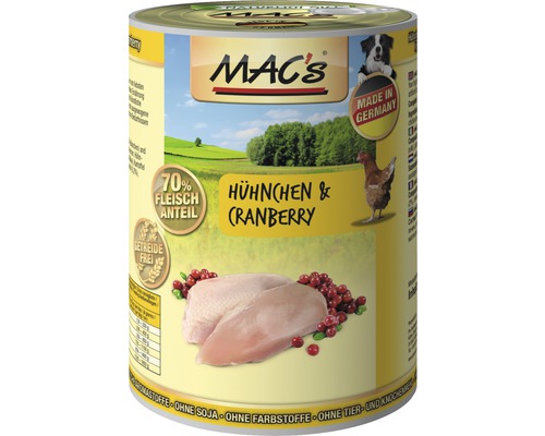 Hundefutter nass MAC´s DOG Huhn und Cranberry 400 g