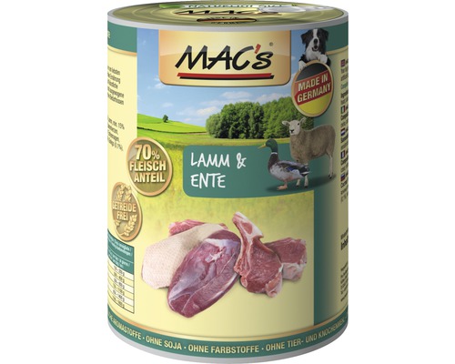 Hundefutter nass MAC´s DOG Lamm und Ente 400 g