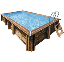 Aufstellpool mit Holzverkleidung und Leiter