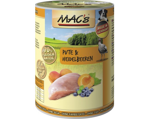 Hundefutter nass MAC´s DOG Pute und Heidelbeere 400 g