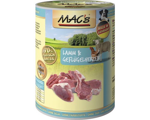 Hundefutter nass MAC´s DOG Lamm und Geflügelherzen 400 g