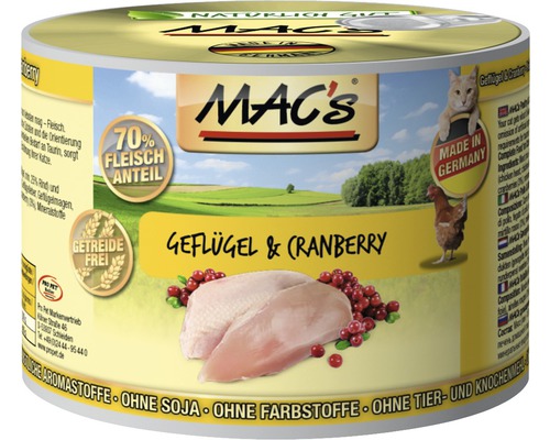 Katzenfutter nass MAC´s CAT Super food mit Geflügel + Cranberry 200 g getreidefrei