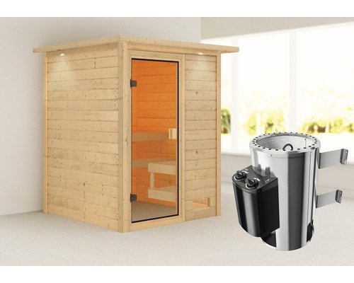 Plug & Play Sauna Karibu inkl.3,6 kW Ofen u.integr.Steuerung mit Dachkranz und bronzierter Ganzglastüre