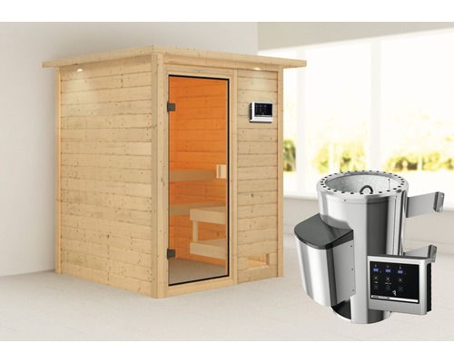 Plug & Play Sauna Karibu Sandra inkl.3,6 kW Ofen u.ext.Steuerung mit Dachkranz und bronzierter Ganzglastüre
