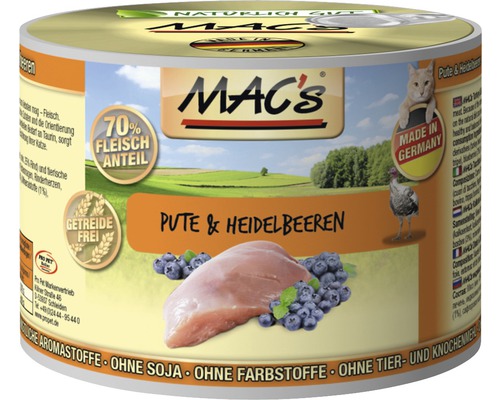 Katzenfutter nass MAC´s CAT Super food mit Pute + Heidelbeer 200 g getreidefrei