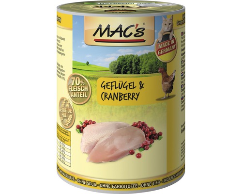 Katzenfutter nass MAC´s CAT Super food mit Geflügel + Cranberry 400 g getreidefrei