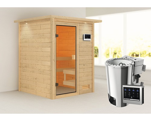 Plug & Play Sauna Karibu Sandra inkl.3,6 kW Bio Ofen u.ext.Steuerung mit Dachkranz und bronzierter Ganzglastüre