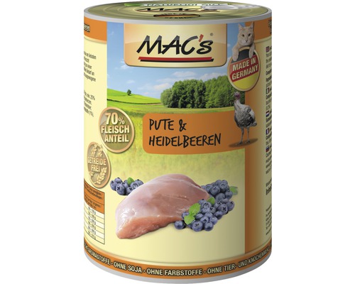 Katzenfutter nass MAC´s CAT Super food mit Pute + Heidelbeer 400 g getreidefrei