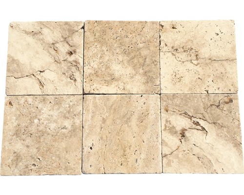 FLAIRSTONE Travertin Terrassenplatte Assos 20,3 cm x 20,3 cm x 3 cm Sechs Travertin Fliesen für Boden- und Wandbeläge