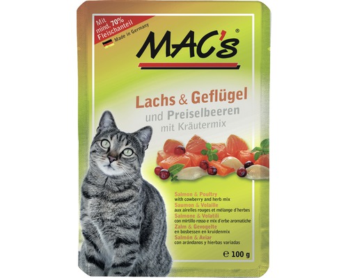 Katzenfutter nass MAC´s CAT Super food mit Adult Lachs & Geflügel und Mineralstoffen, Katzenminze 100 g getreidefrei