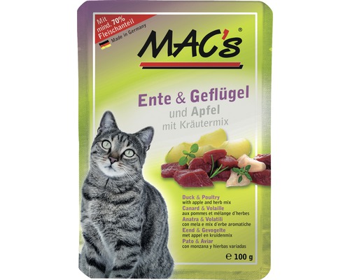 Katzenfutter nass MAC´s CAT Super food mit Adult Ente & Geflügel und Apfel, Katzenminze 100 g getreidefrei