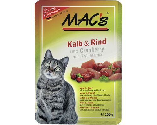 Katzenfutter nass MAC´s CAT Super food mit Adult Kalb & Rind und Cranbeerys, Katzenminze 100 g getreidefrei