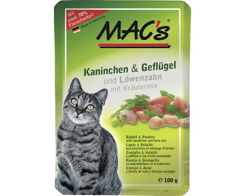 Katzenfutter nass MAC´s CAT Super food mit Adult Kaninchen & Geflügel und Katzenminze, Löwenzahn 100 g getreidefrei