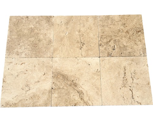 FLAIRSTONE Travertin Terrassenplatte Assos 40,6 cm x 40,6 cm x 3 cm Sechs quadratische Travertinfliesen