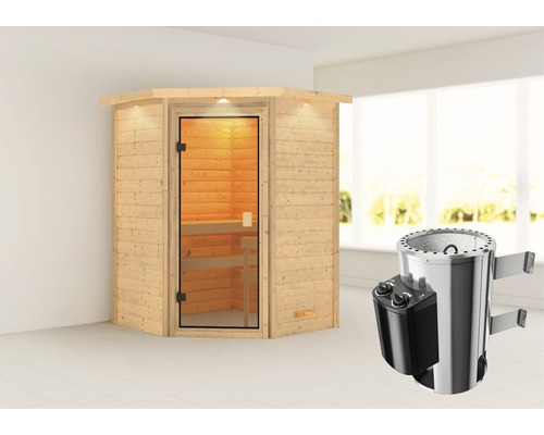 Plug & Play Sauna Karibu Antonia inkl.3,6kW Ofen u.intergr.Steuerung mit Dachkranz und bronzierter Ganzglastüre