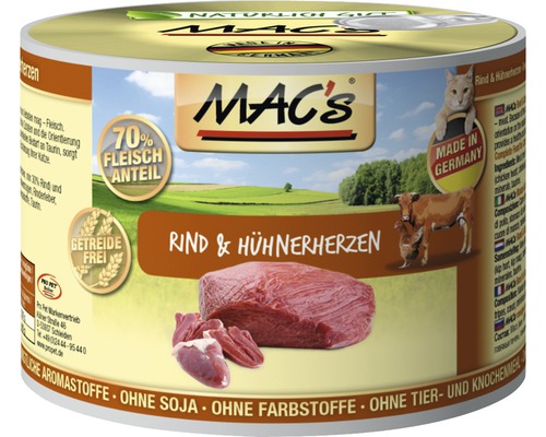 Katzenfutter nass MAC´s CAT Super food mit Rind, Hühnerherzen 200 g getreidefrei