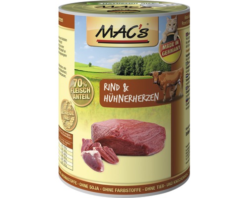 Katzenfutter nass MAC´s CAT Super food mit Rind, Hühnerherzen 400 g getreidefrei