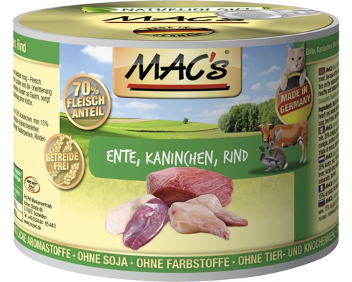 Katzenfutter nass MAC´s CAT Super food mit Ente, Kaninchen, Rind 200 g getreidefrei