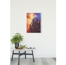 Dekoratives Bild mit gerahmtem Star Wars Motiv an der Wand über einem Beistelltisch