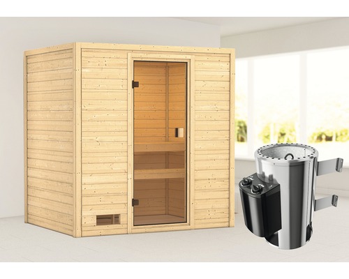 Plug & Play Sauna Karibu Selena inkl.3,6 kW Ofen u.integr.Steuerung ohne Dachkranz mit bronzierter Ganzglastüre