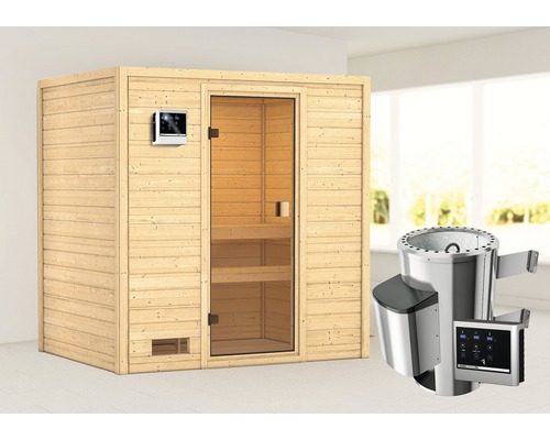 Plug & Play Sauna Karibu Selena inkl.3,6 kW Ofen u.ext.Steuerung ohne Dachkranz mit bronzierter Ganzglastüre