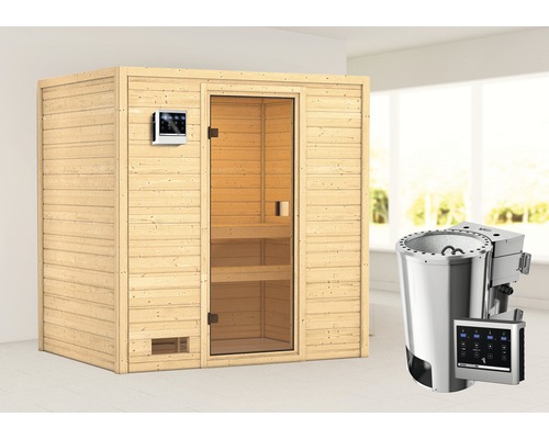 Plug & Play Sauna Karibu Selena inkl.3,6 kW Bio Ofen u.ext.Steuerung ohne Dachkranz mit bronzierter Ganzglastüre