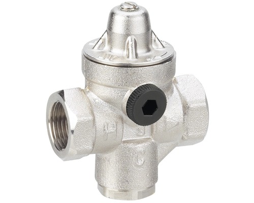 Druckminderer aus Metall mit schwarzem Einstellknopf