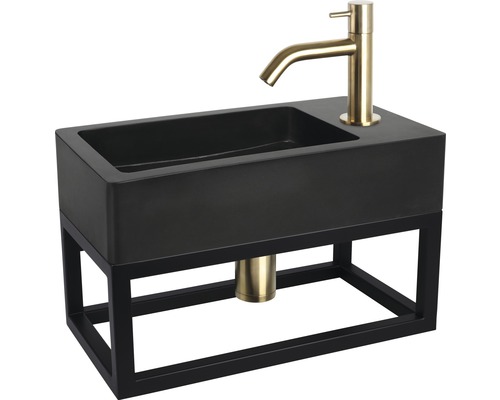 Waschtisch mit schwarzem Becken, goldener Armatur und schwarzem Metallgestell