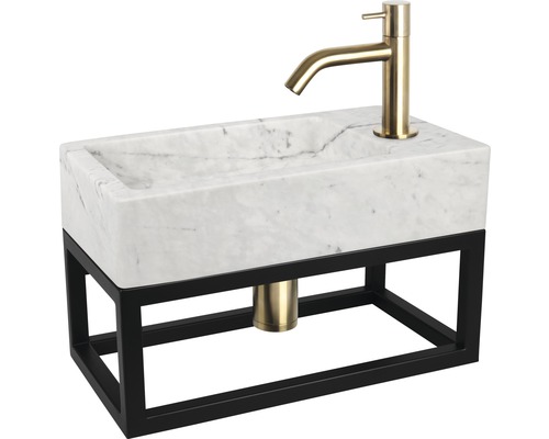 Waschtisch mit Marmorwaschbecken, goldener Armatur und schwarzem Metallgestell