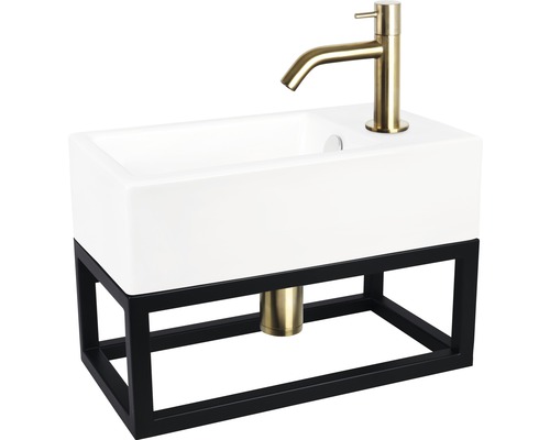 Waschtisch mit schwarzem Metallgestell und goldener Armatur