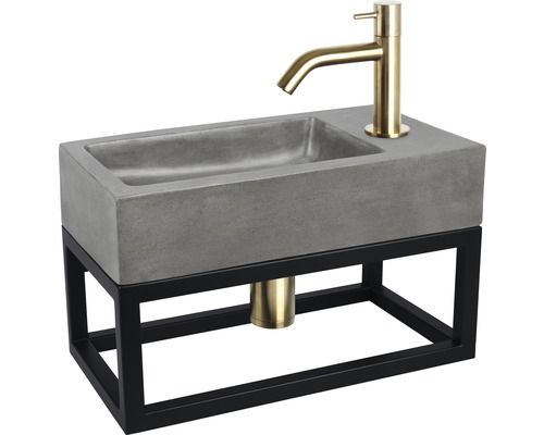 Waschtisch mit Betonwaschbecken, Armatur und schwarzem Metallgestell