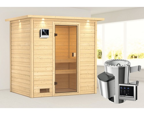 Plug & Play Sauna Karibu Selena inkl.3,6 kW Ofen u.ext.Steuerung mit Dachkranz und bronzierter Ganzglastüre