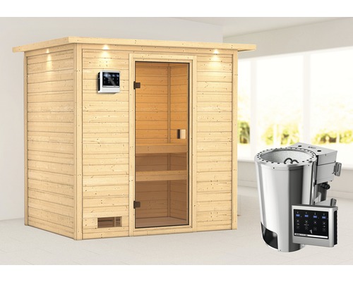 Plug & Play Sauna Karibu Selena inkl.3,6 kW Bio Ofen u.ext.Steuerung mit Dachkranz und bronzierter Ganzglastüre