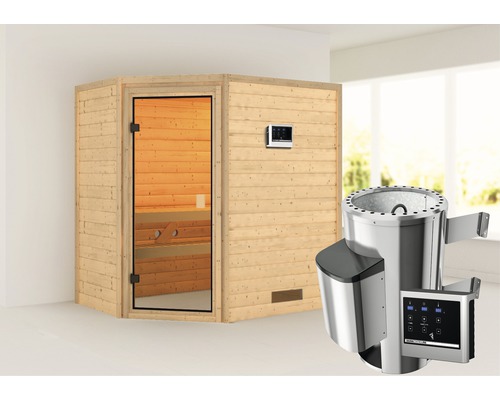 Plug & Play Sauna Karibu Jella inkl.3,6 kW Ofen u.ext.Steuerung ohne Dachkranz mit bronzierter Ganzglastüre