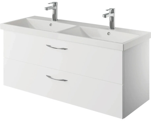 Weißer Waschtisch mit zwei Schubladen und zwei Waschbecken