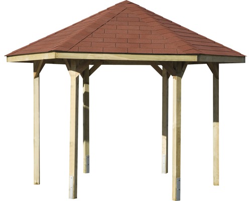 Pavillon mit Holzbalken und Dach aus Bitumenschindeln