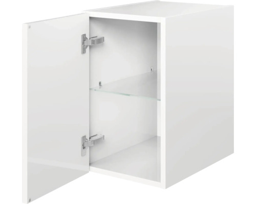 Offener weißer Wandschrank mit einem Glasboden