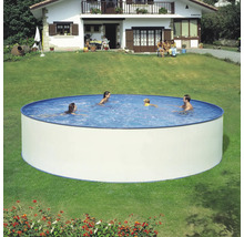 Rundes Schwimmbecken mit Familie im Garten.