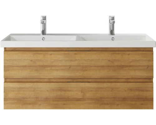 Waschtischunterschrank mit zwei Waschbecken und Holzoptik