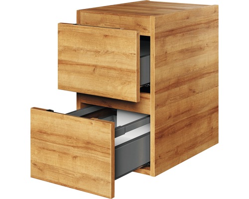 Holzfarbener Waschbeckenunterschrank mit zwei offenen Schubladen