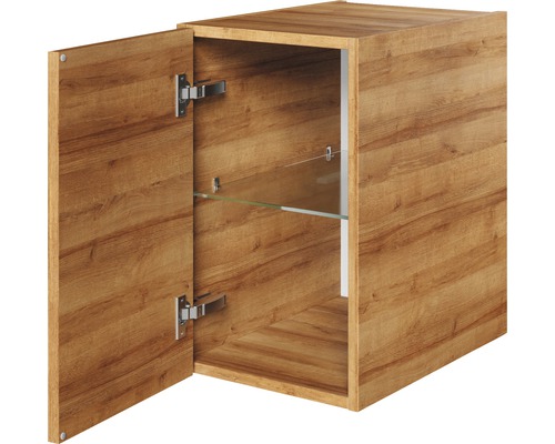 Wandschrank mit offener Tür und Glasablage