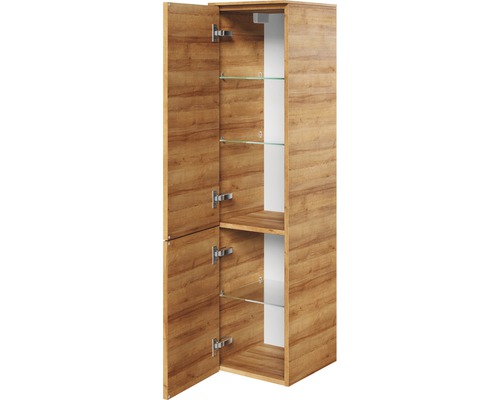 Offener Hochschrank mit Holztür und Glasregalen