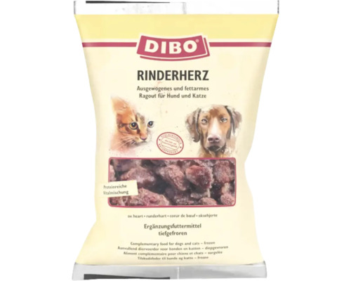 Dibo Rinderherz, ausgewogenes und fettarmes Ragout für Hunde und Katzen in einer Verpackung.