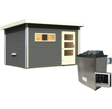 Saunahaus Karibu Skrollano 3 inkl.9 kW Ofen u.ext.Steuerung mit Vorraum und Holztüre mit Isolierglas wärmegedämmt terragrau/weiß-thumb-2